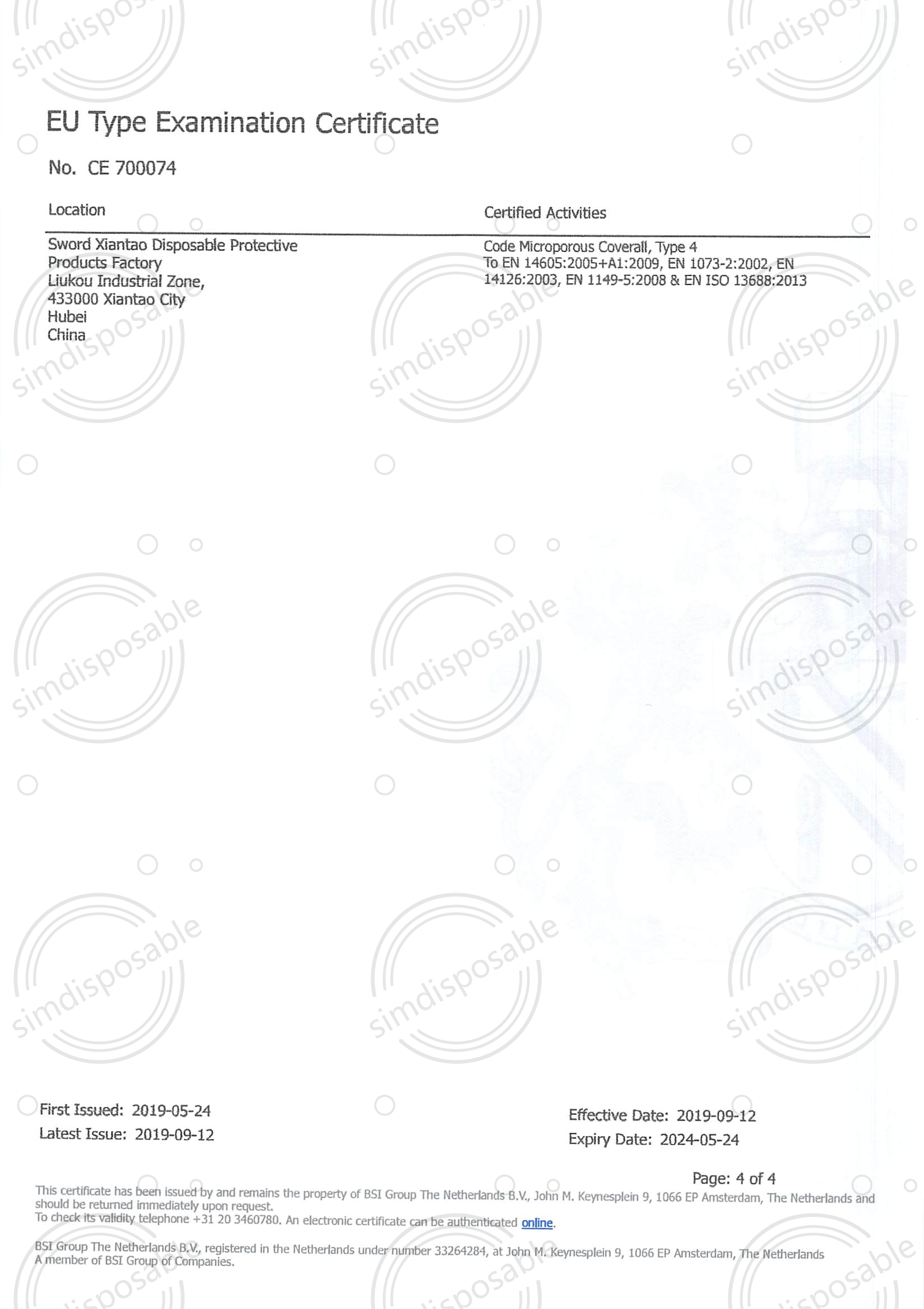 Type 4 Coverall PPE Examination Certificate