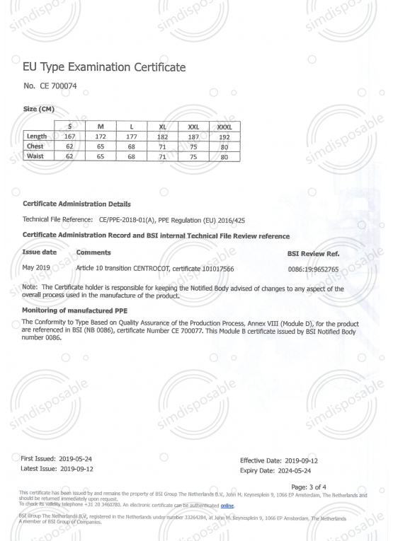 Type 4 Coverall PPE Examination Certificate